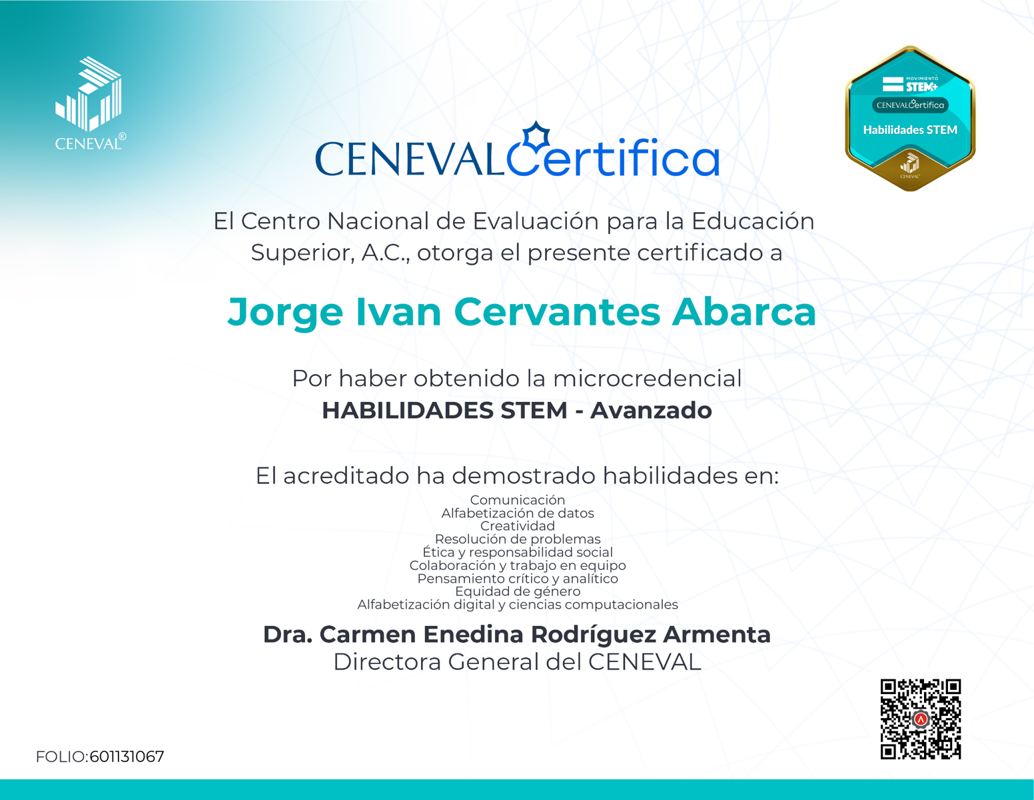 Vista previa de la constancia de HABILIDADES STEM - Avanzado, emitida por Centro Nacional de Evaluación para la Educación Superior A.C. - CENEVAL